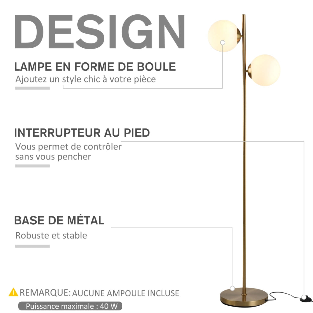 Lampada da terra design 2 sfere globo stile retr¨° ¨C Xylo ¨C metallo dorato max 40W