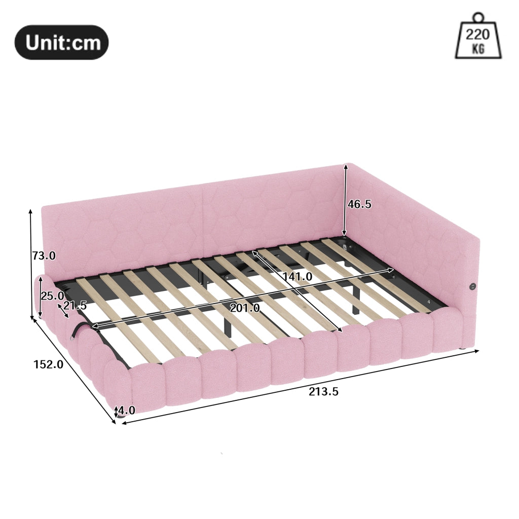 LETTO Daybed 140x200 cm Rosa con LED, USB, Tipo-C e vano contenitore