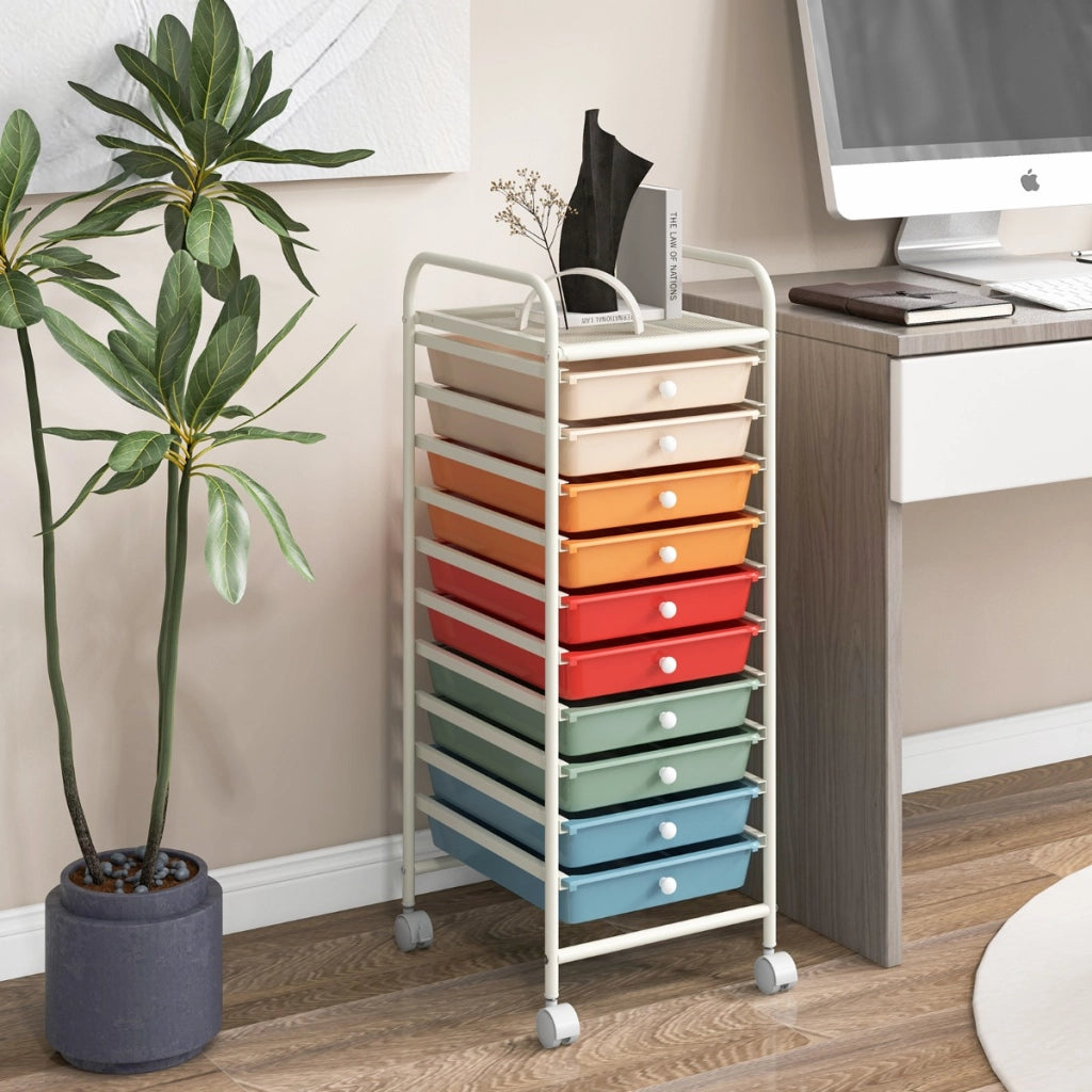Carrello cassettiera multiuso con 10 cassetti da cucina-Scaffale Contenitore con ruote a 10 ripiani per bagno Colorato 2