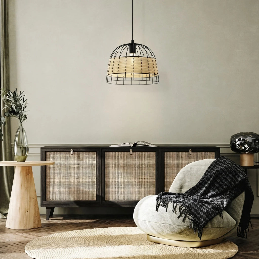 Sospensione Rustica-Country Anwick Metallo Nero E Rattan 1 Luce E27