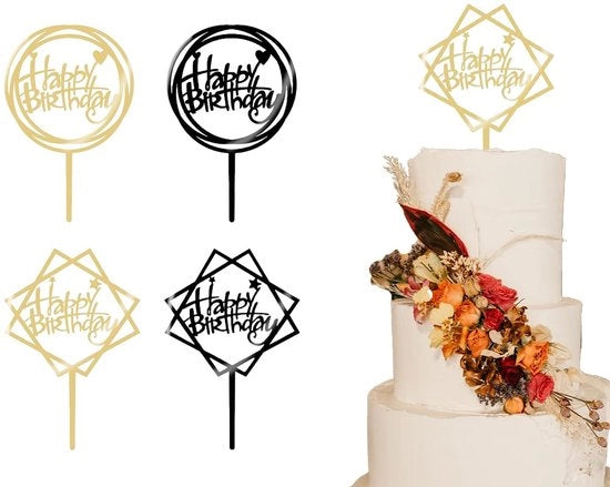 Set di decorazioni per torta da 4 pezzi - Decorazione di compleanno - Decorazioni per torta - Auguri di compleanno - Oro/Nero