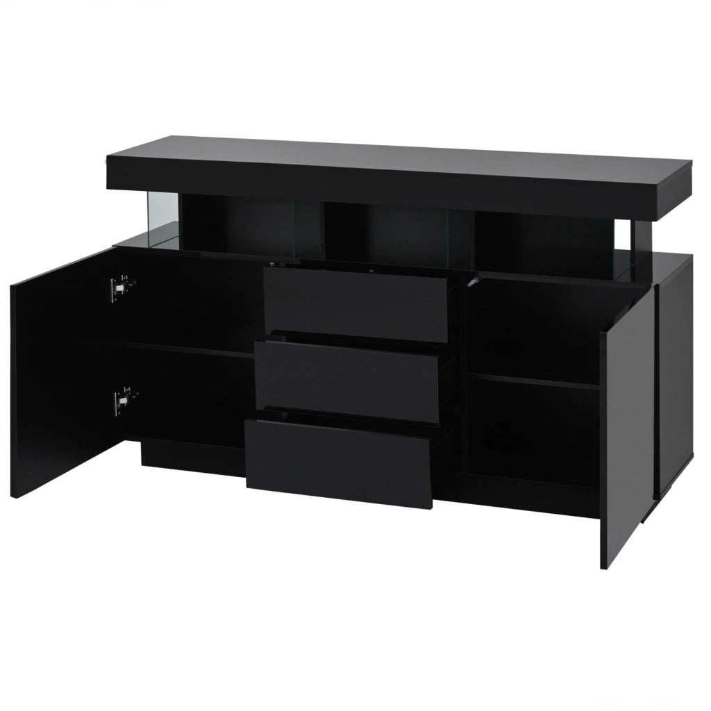 Credenza moderna lucida 140 x 35 x 80 cm con LED; 3 cassetti e 2 ante; nero