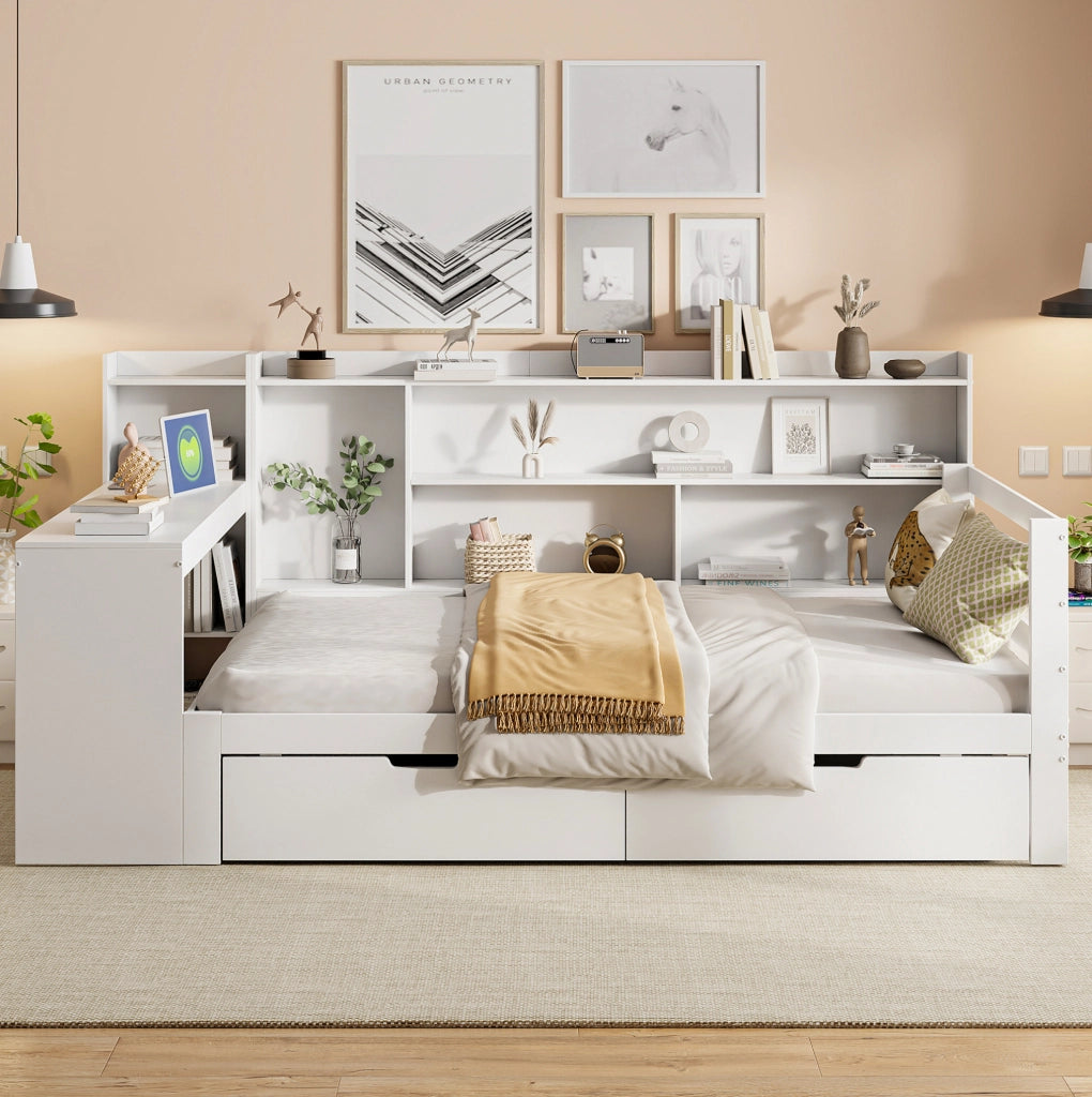 Divano letto multifunzionale 90x200 cm con scrivania; libreria; prese USB; bianco
