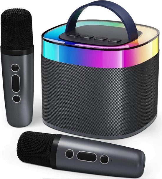 Karaoke con Bluetooth - Microfono e Speaker con 3 Altoparlanti Integrati, 2 Microfoni e Illuminazione LED per Feste (Nero)