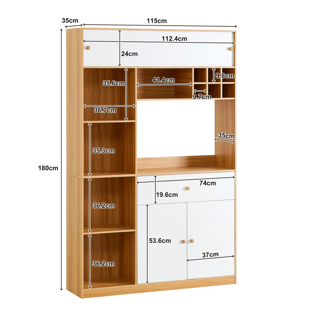 Credenza da Cucina Alta con 3 Ante; 1 Cassetto; Ripiani Aperti e LED per Cucina in Pannelli; Bianco Naturale 115x35x180 cm