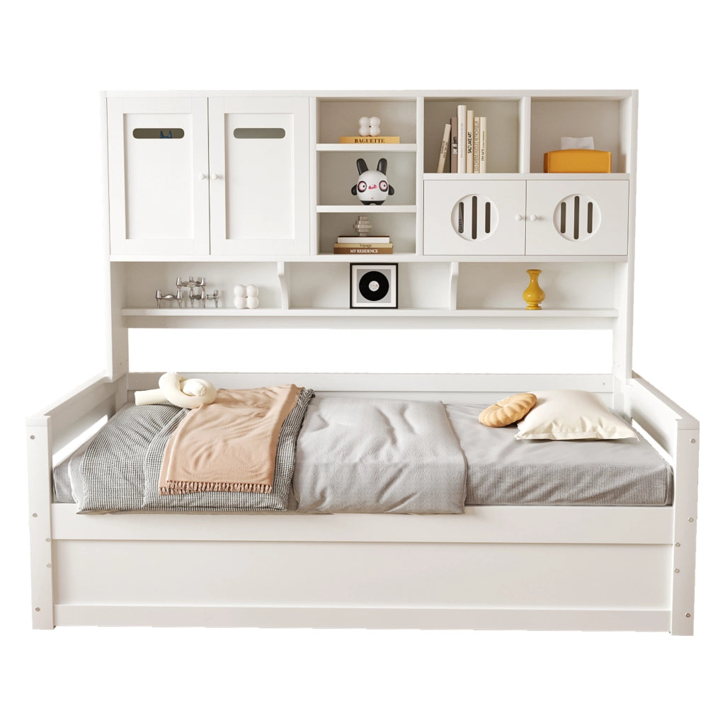 Letto singolo contenitore 90×200 cm con vani portaoggetti e rete idraulica; senza materasso; legno; bianco