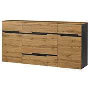 Credenza con 2 ante e 4 cassetti con ripiani e vano contenitore per soggiorno; in truciolare; nero e legno; 160×40×80 cm