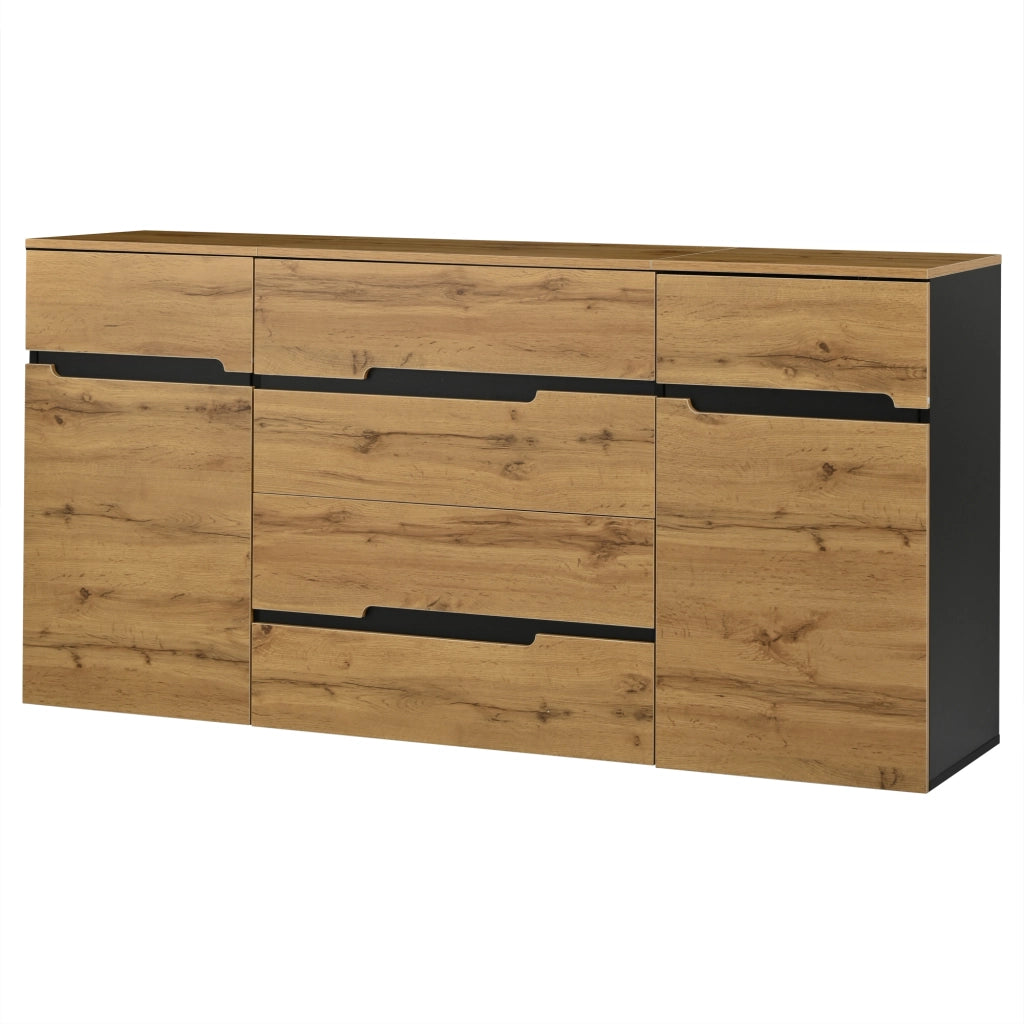 Credenza con 2 ante e 4 cassetti con ripiani e vano contenitore per soggiorno; in truciolare; nero e legno; 160×40×80 cm