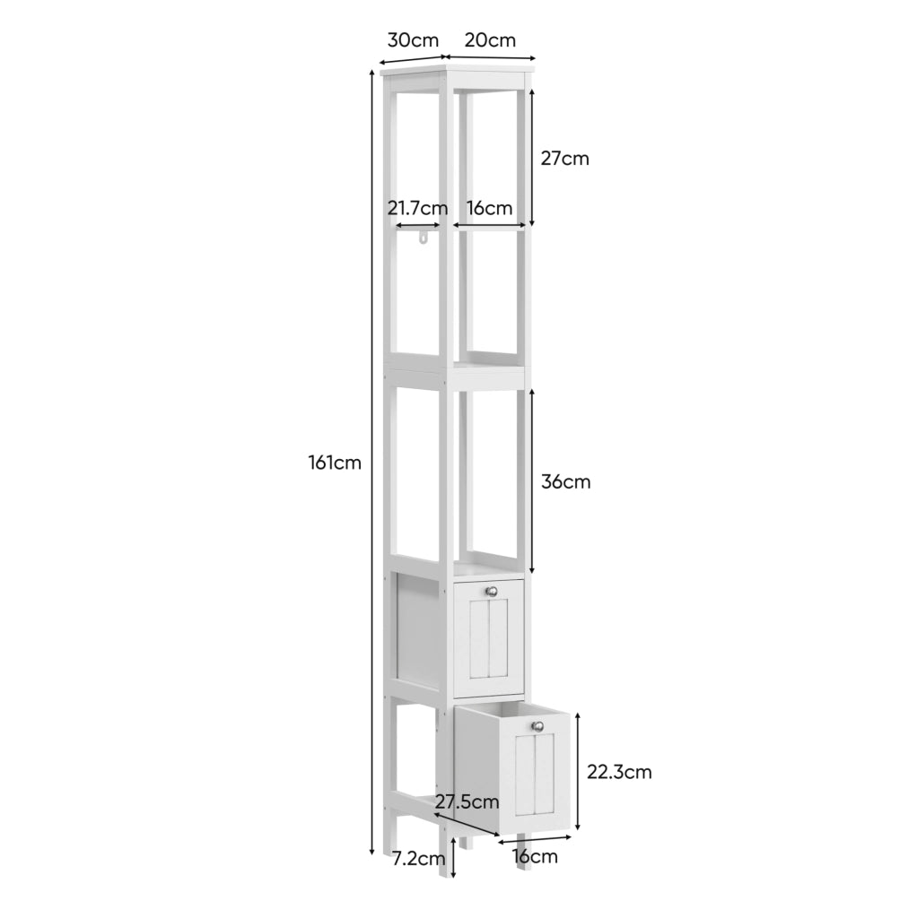 Mobile bagno stretto 20x30x160 cm con 2 cassetti e 3 ripiani in MDF bianco