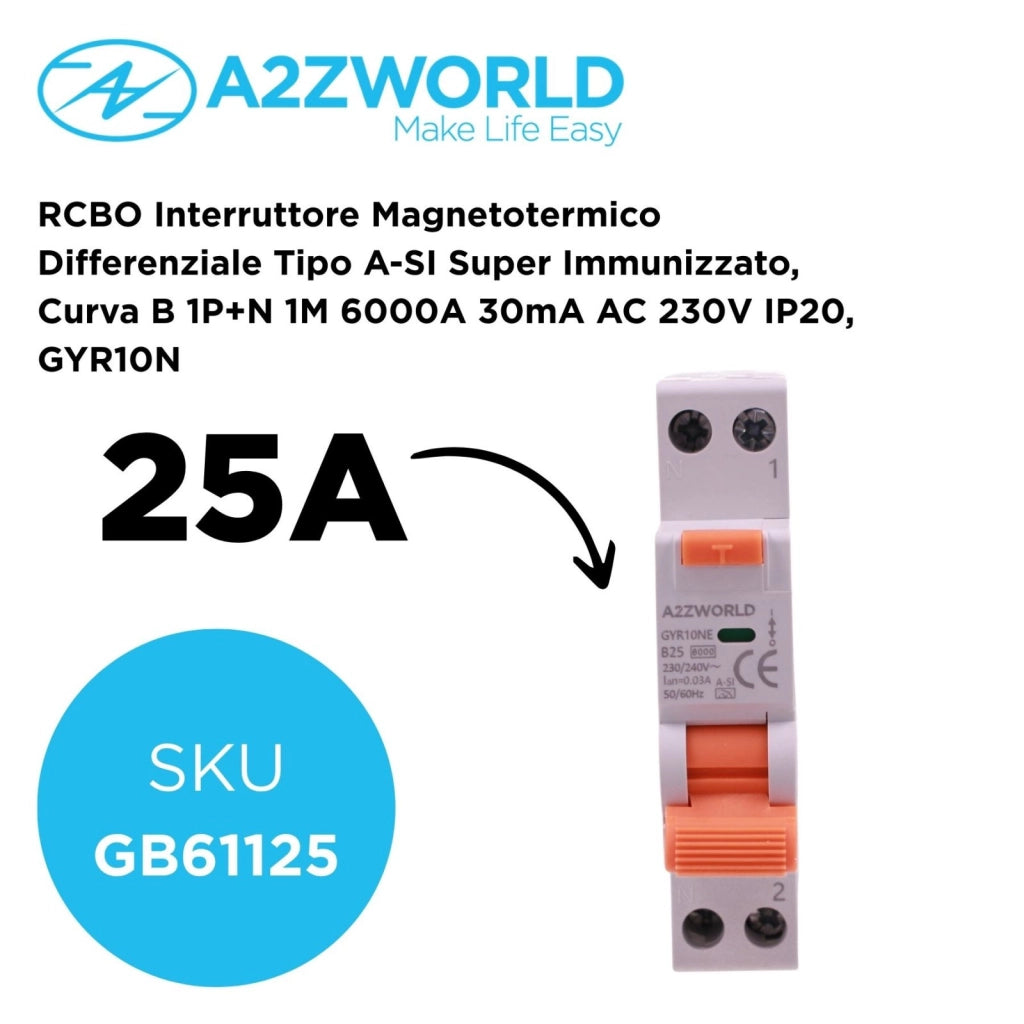 RCBO Interruttore Magnetotermico Differenziale Tipo A-SI Super Immunizzato, Curva B 1P+N 1M 6000A 30mA AC 230V IP20, GYR10N, Disponibili 6A 10A 16A 20A 25A 32A 40A (B25A)