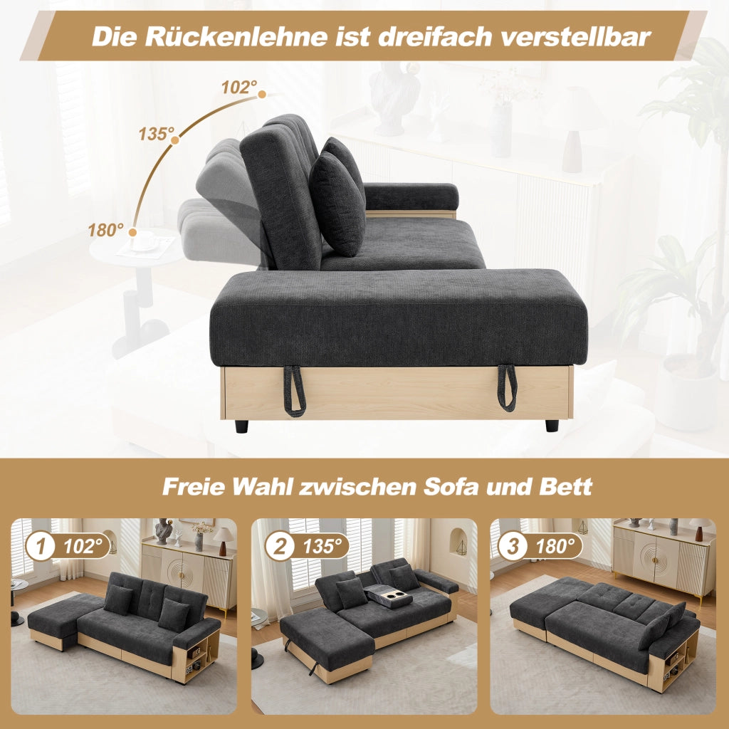 DIVANO letto 217x110x90 cm Chenille Grigio con contenitore e 2 cassetti