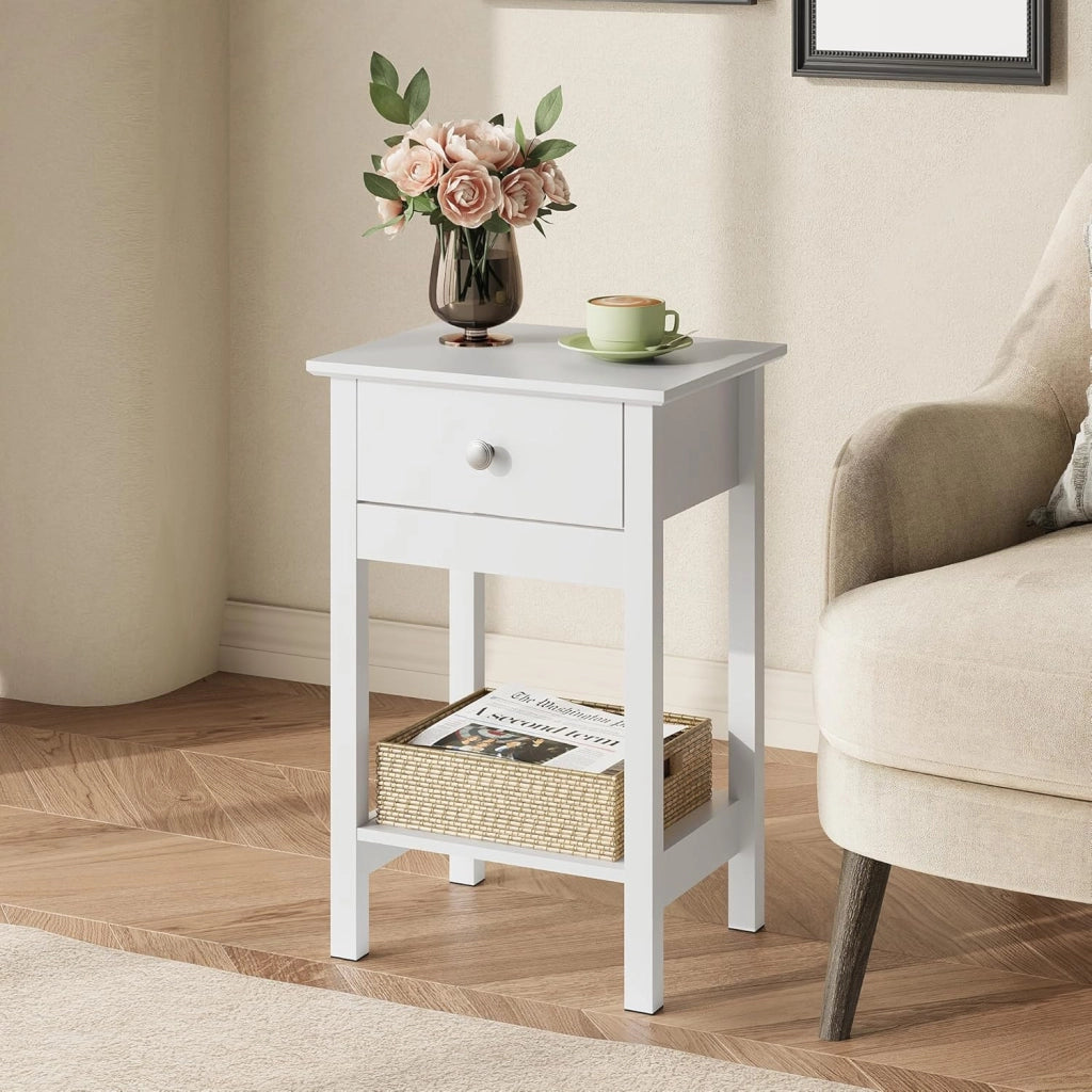 Comodino in Legno con Ripiano e Cassetto ¨C Minimal ¨C Bianco