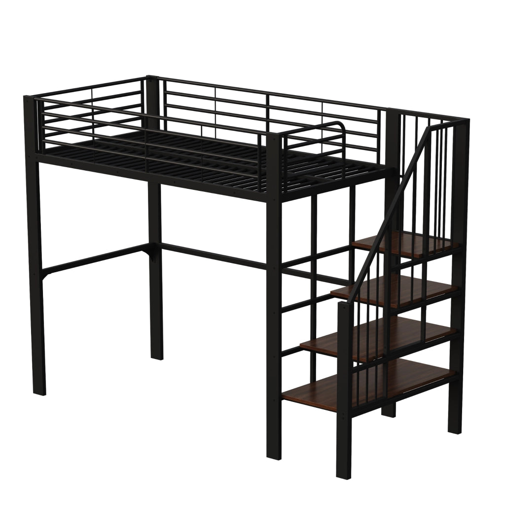 Letto a soppalco singolo 90×200 cm con scala e spazio contenitore; senza materasso; metallo; nero