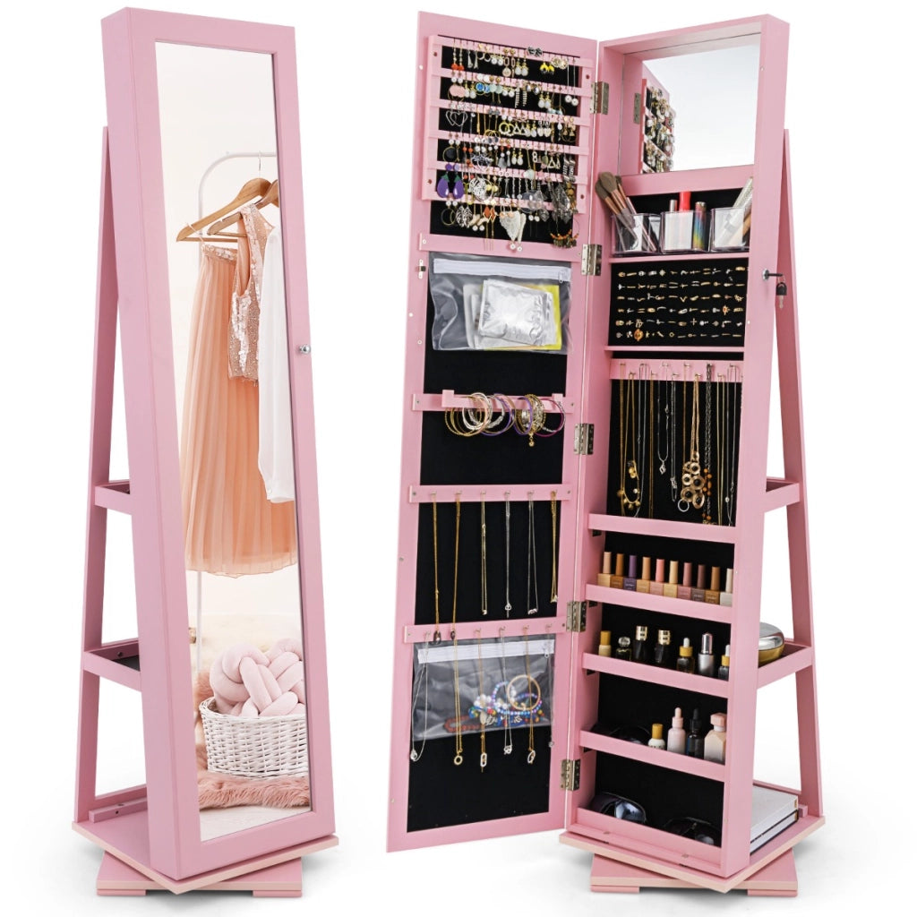 Armadio portagioielli girevole a 360¡ã con specchio, Organizer gioielli 2 in 1 a figura intera Rosa-Armadietti per gioielli