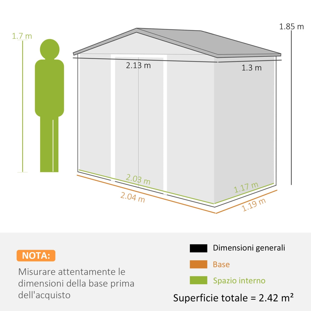 Casetta da Giardino in Lamiera con Porte Scorrevoli ¨C Minimal ¨C Verde 213x130x185cm