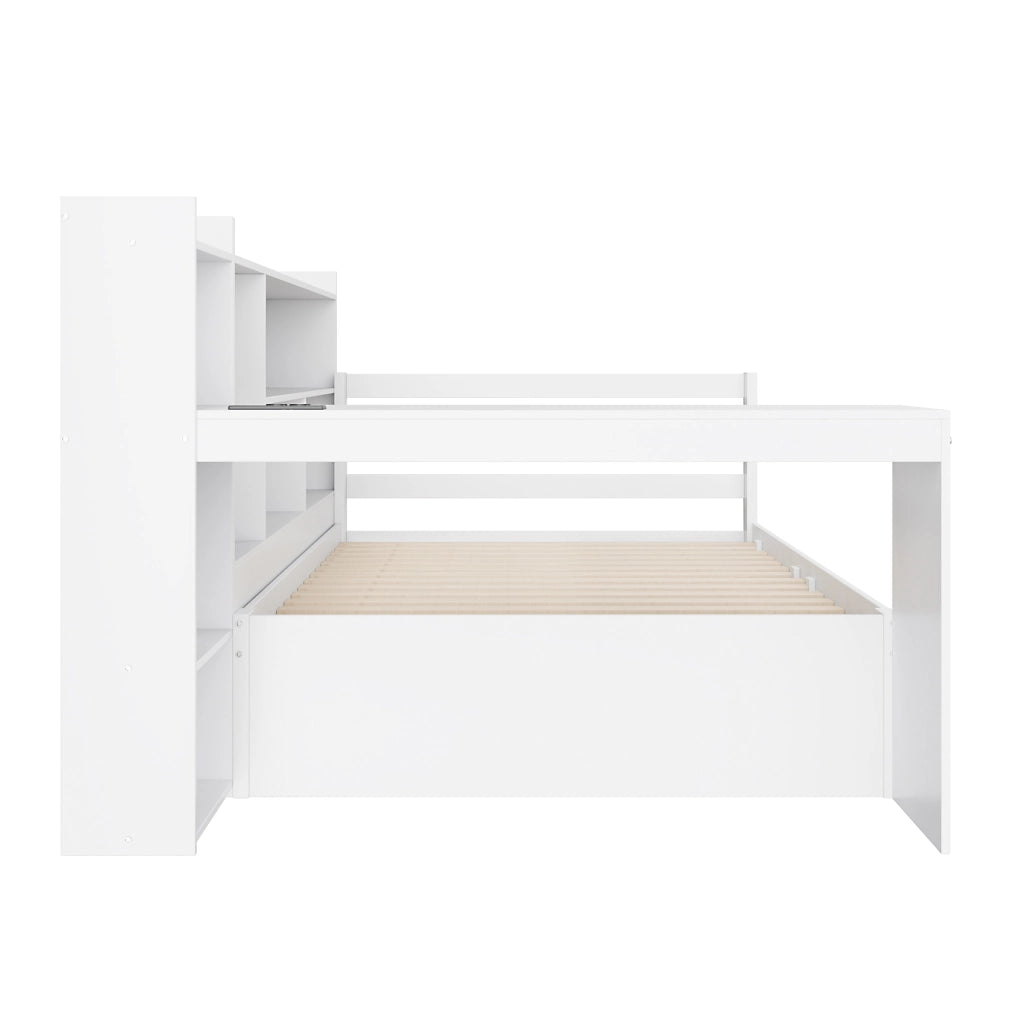 Letto singolo salvaspazio 90×200 cm con scrivania; libreria; cassetti; prese USB; senza materasso; legno; bianco