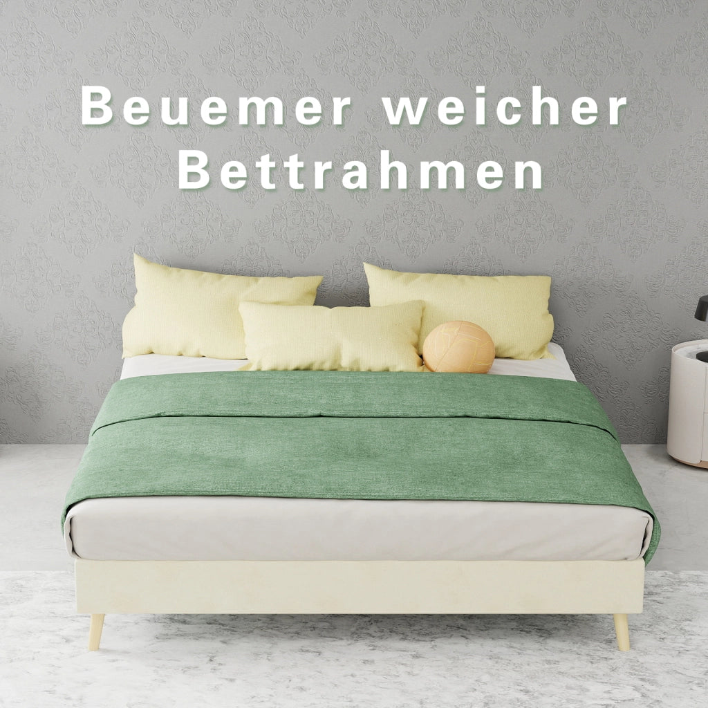 DESMIU Letto 140 × 200 cm 2 posti con LED, schienale regolabile e struttura in tessuto, senza materasso, beige