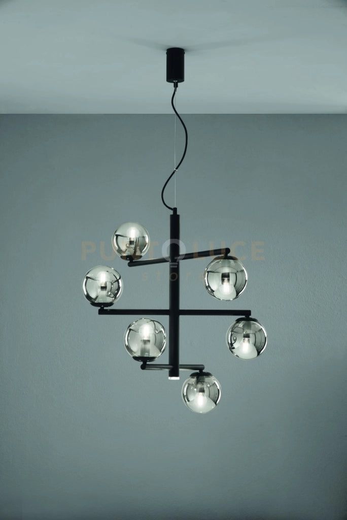 SOSPENSIONE GIZAH NERO VETRI FUME' 6 LUCI ATTACCO E14 PIU' LED INTEGRATO 5W 420LM