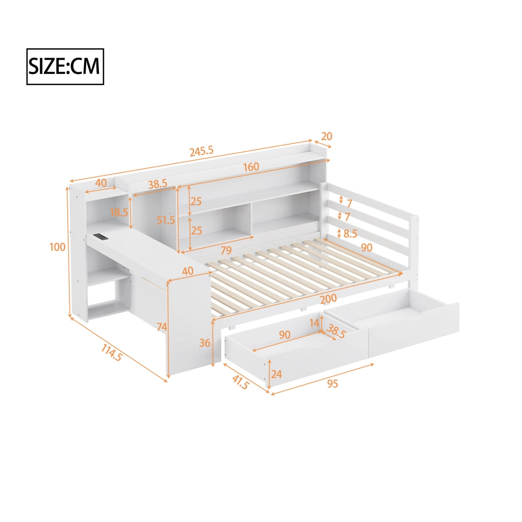 Letto singolo salvaspazio 90×200 cm con scrivania; libreria; cassetti; prese USB; senza materasso; legno; bianco