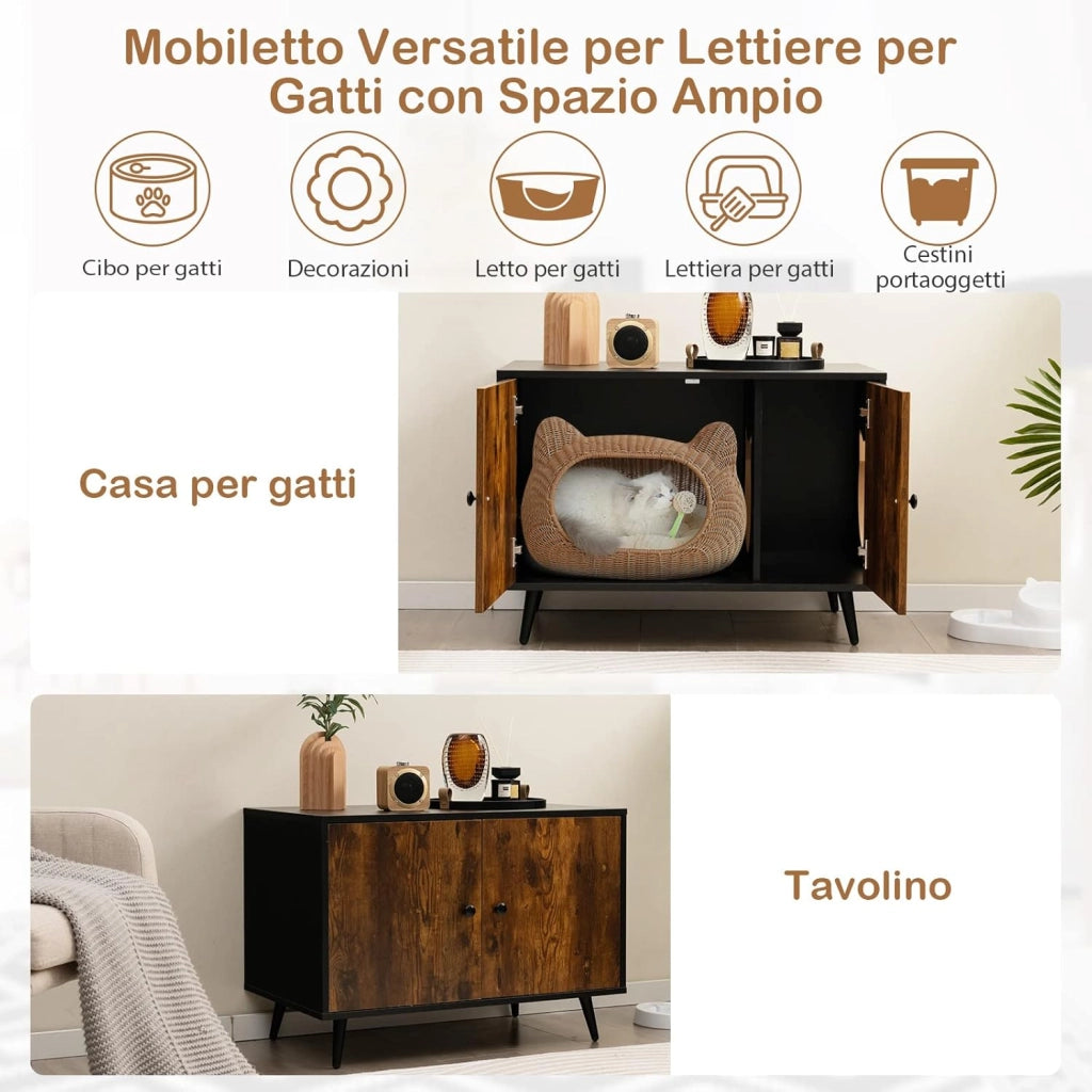 Mobile per Lettiera per Gatti, Casetta per Gatti con Divisore e 2 Ingressi a Forma di Testa di Gatto, Tavolino in Legno Versatile per Salotto, 80 x 50 x 57 cm, Marrone e Nero