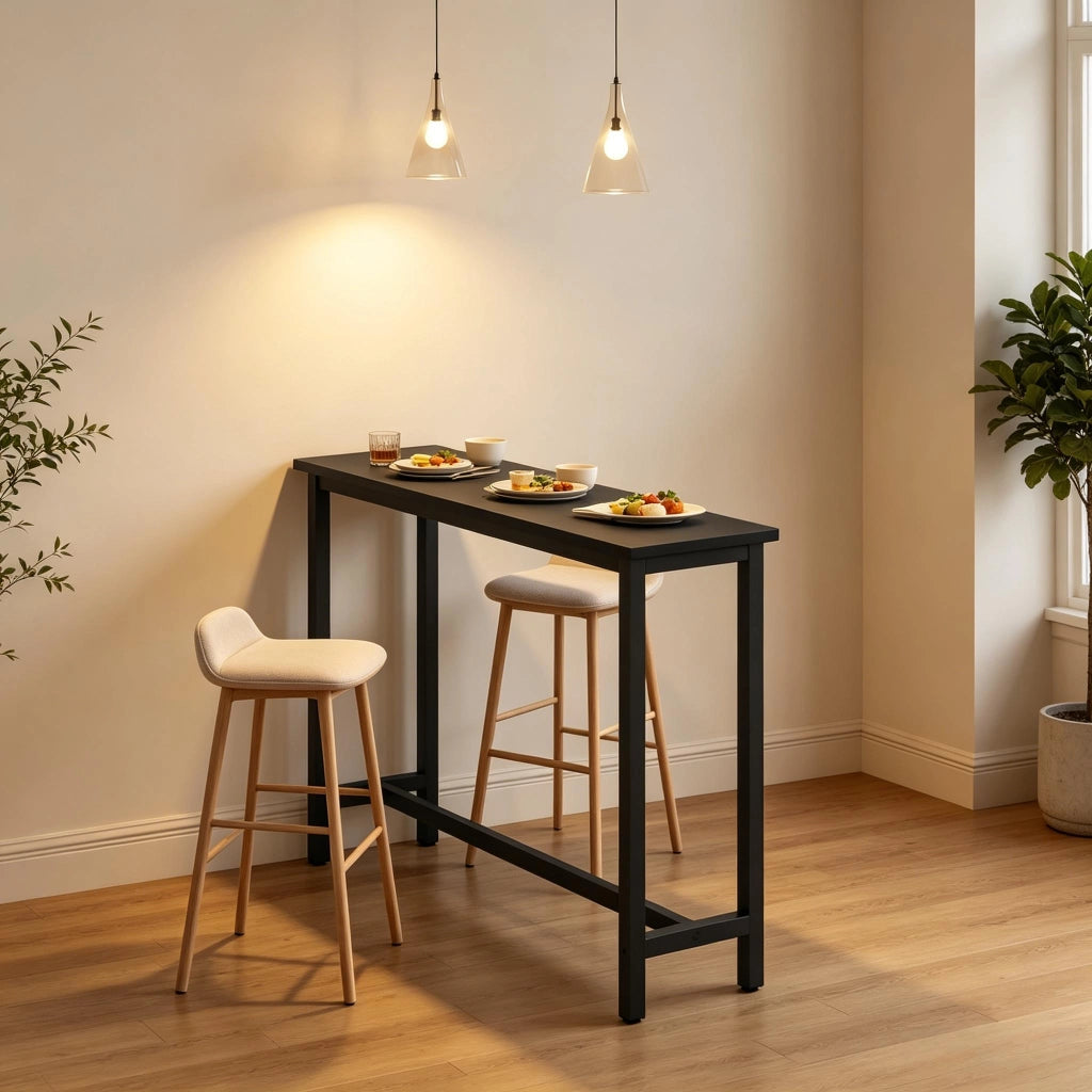 Tavolo da pranzo alto con struttura in metallo e piano in MDF, piedini regolabili, per cucina e bar, nero, 140 × 100 × 40 cm