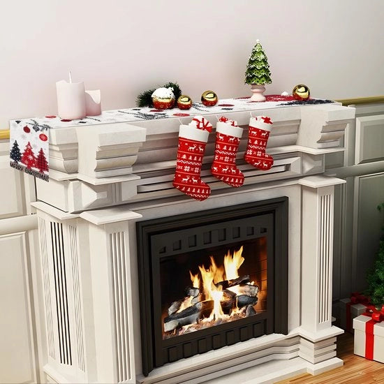 Tavolo di Natale con decorazioni in stile moda, popolo di neve, rossa, fiocchi di neve, tavolo di Natale, 33 x 180 cm