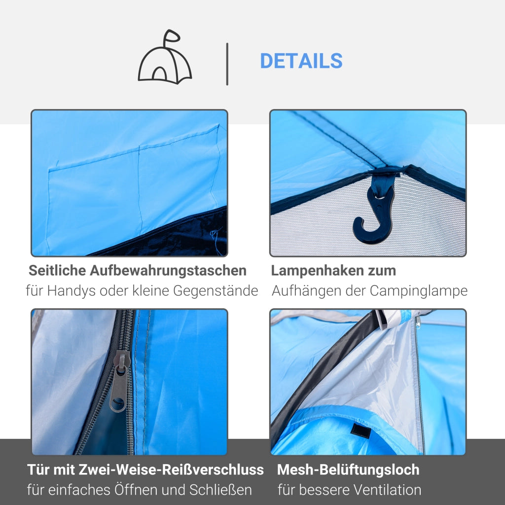 Tenda a tunnel per 2-3 persone, tenda da campeggio 190T con picchetti, in fibra di vetro e poliestere, azzurra, 426x206x154 cm