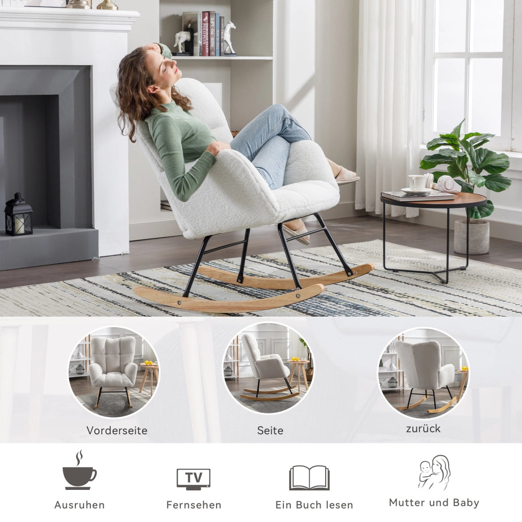 OKWISH Sedia a Dondolo con Schienale Alto Ergonomico e Braccioli Imbottiti, Struttura in Metallo e Legno, Teddy Bianco