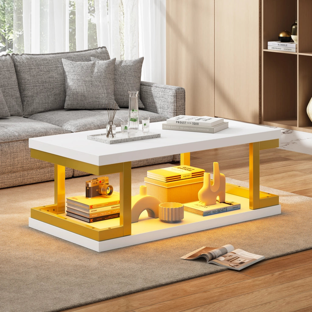 Tavolino da caffè con vano aperto e LED; per soggiorno; in MDF e metallo; 100×50×37.5 cm