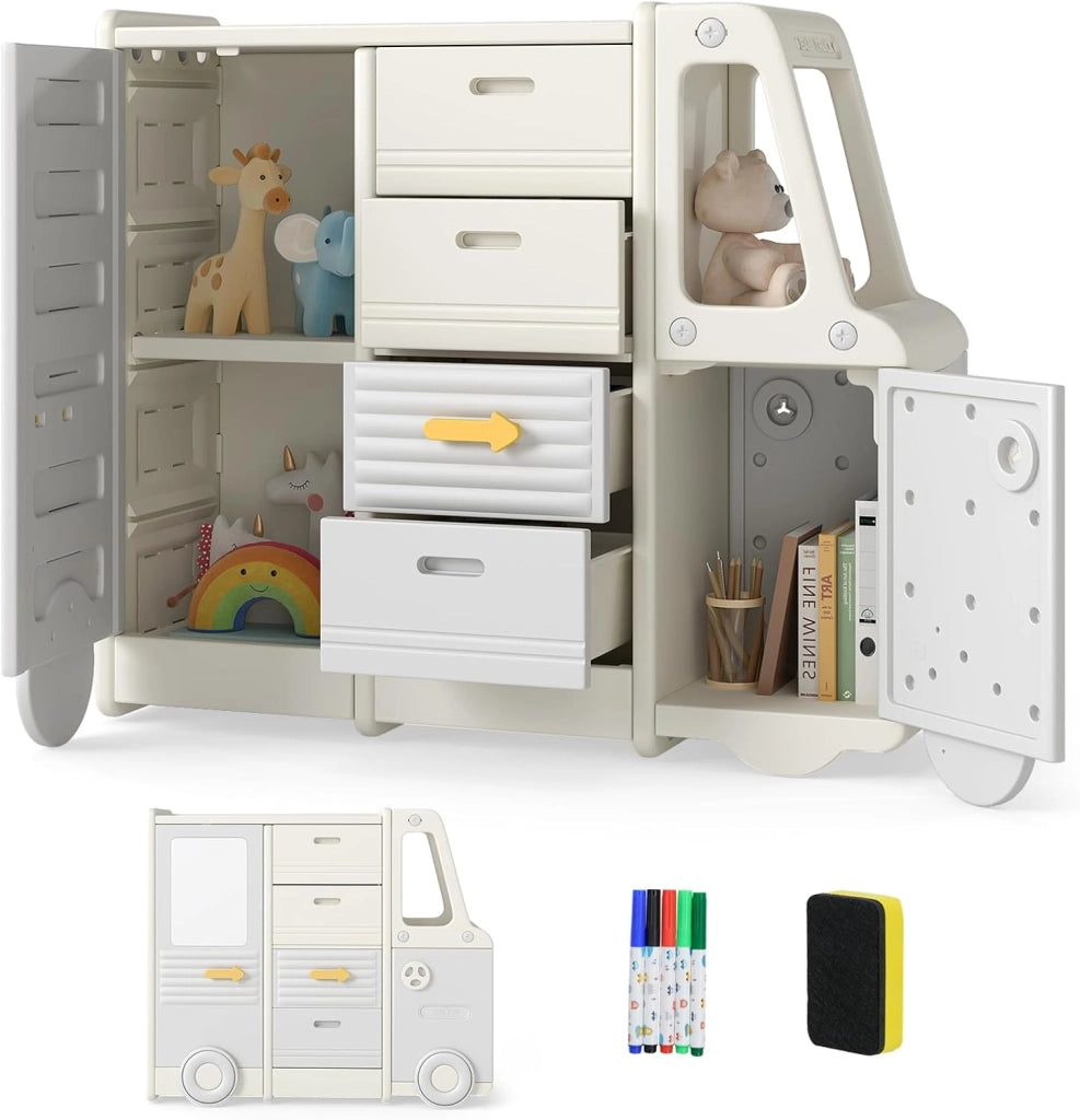 Organizzatore per Giocattoli per Bambini, Scaffale Portagiochi a Forma d Autobus con 1 Lavagna, 4 Cassetti e 2 Armadi, Contenitori Salvaspazio per Camera da Letto, Ingresso e Soggiorno