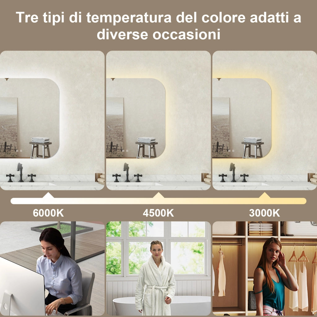 Specchio bagno Ovale 80x80cm Retroilluminato Con Led, Antiappannamento + 3 Luci