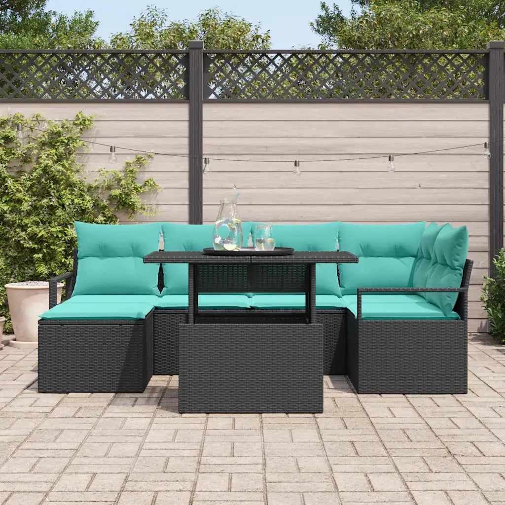 Set Divano da Giardino 7 pcs Nero e Blu Poly Rattan 3348862