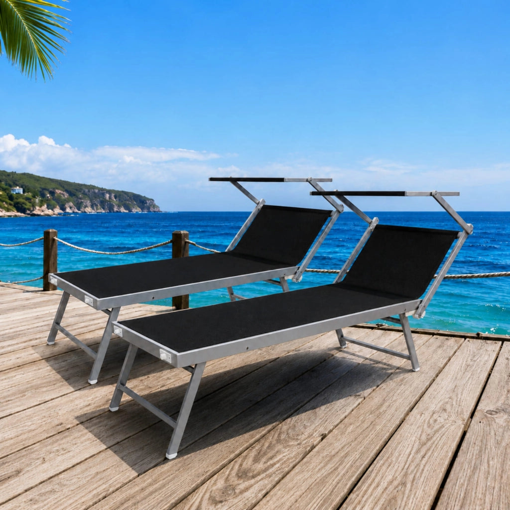 Set Di 2 Lettini Prendisole Pieghevoli Professionali In Alluminio Tettino Parasole Tettuccio Orientabile Per Mare Spiaggia Piscina Giardino Lettino Prendi Sole 182 X 60 X 38 Cm Nero