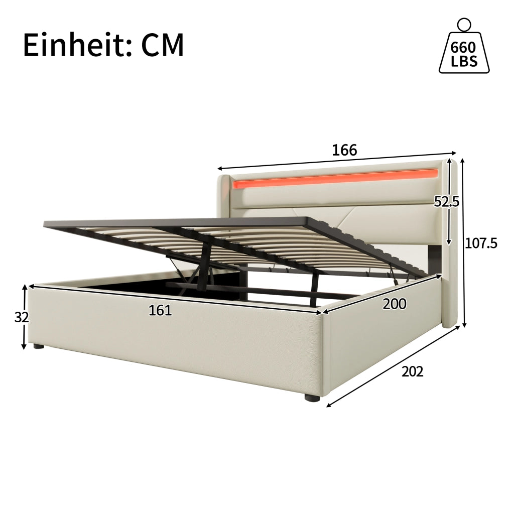 LETTO Contenitore 160x200 cm PU Bianco con LED e telecomando