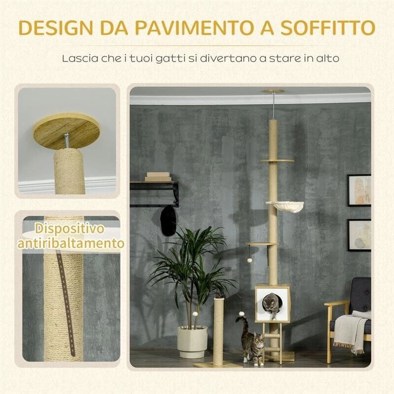ALBERO PER GATTI IN TRUCIOLATO AD ALTEZZA REGOLABILE CON TIRAGRAFFI, CASETTA, AMACA E PALLINA, 40X40X225-285 CM