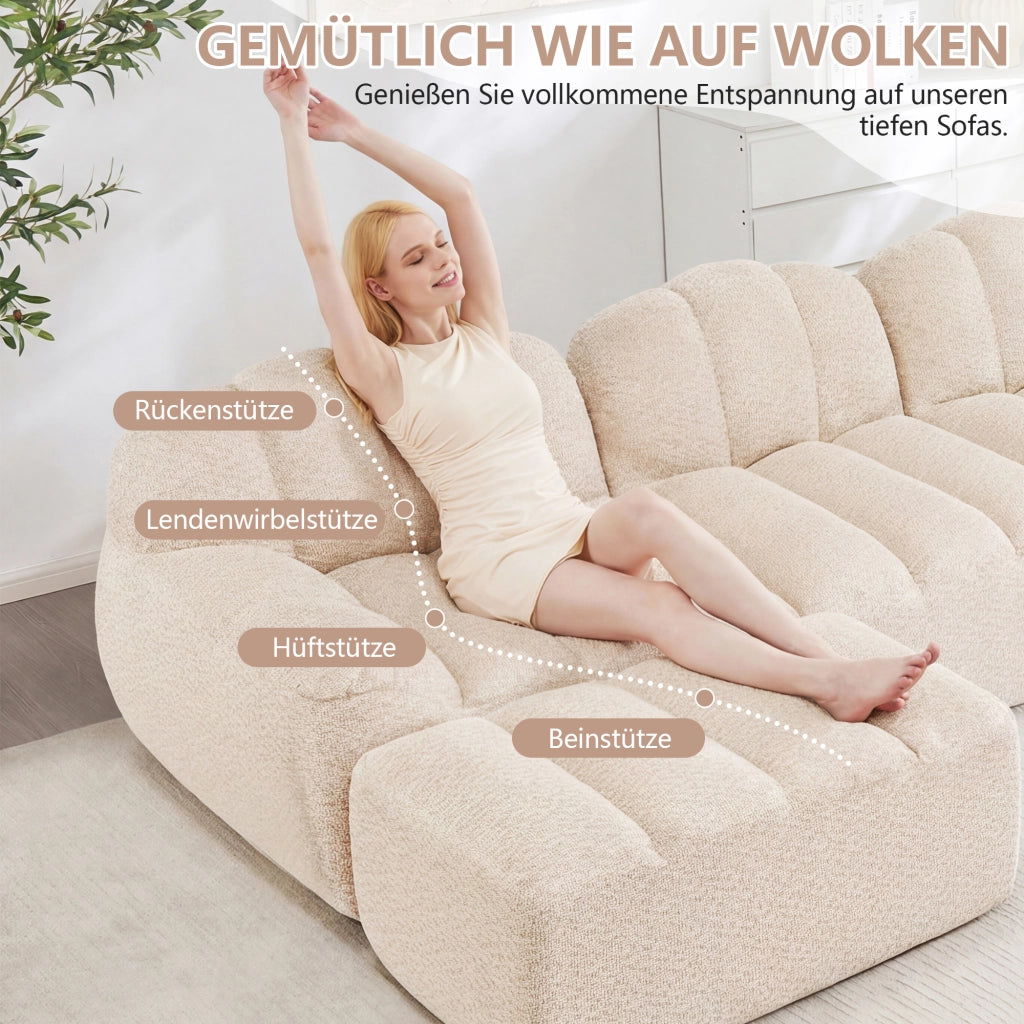 Divano modulare 2 posti con pouf e schienale ergonomico in fleece granulare beige