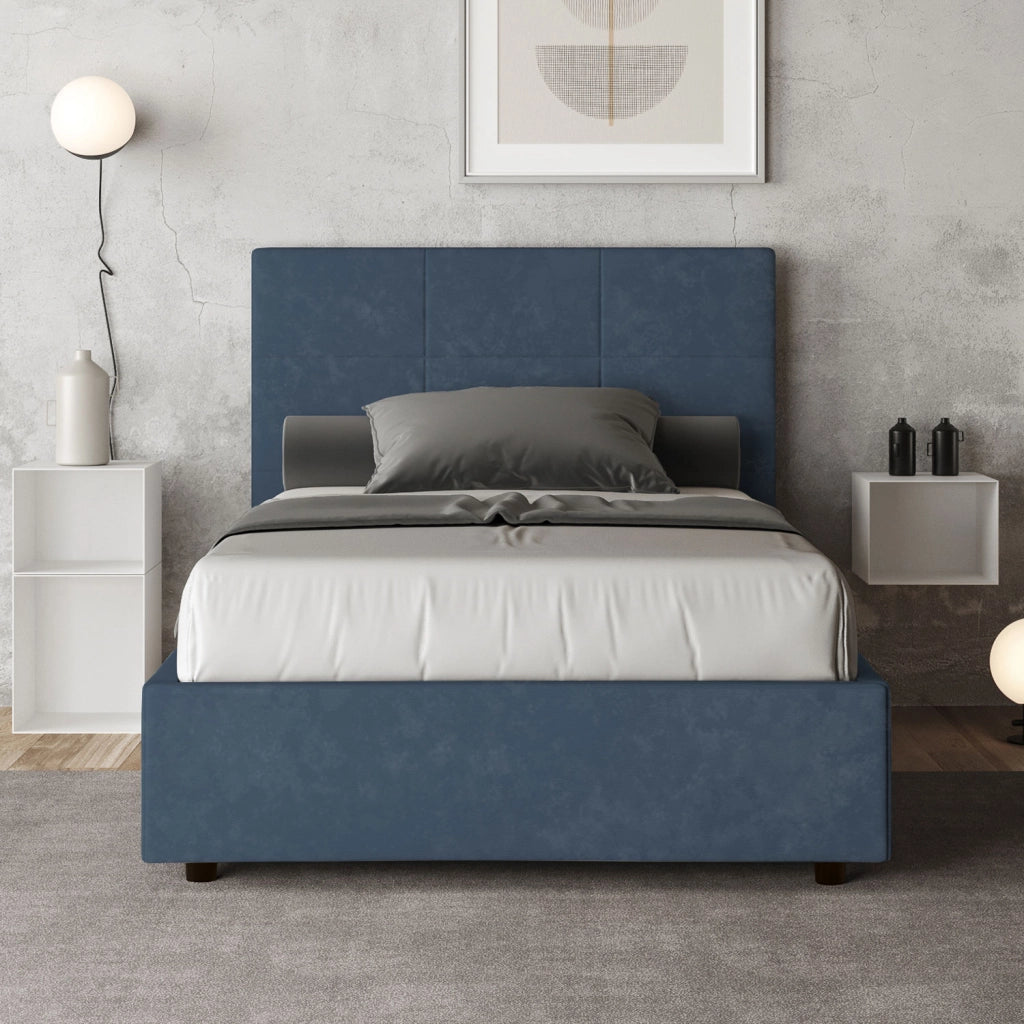 BS COM Letto una piazza e mezza senza rete imbottito 120x210 microfibra blu