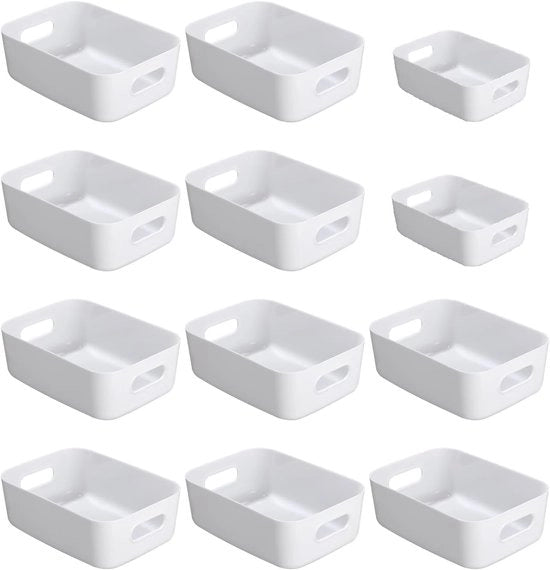 Cassa di archiviazione multifunzionale in plastica da 12 pezzi con maniglie - per cucina, ufficio, armadio, bagno, giocattoli - bianco