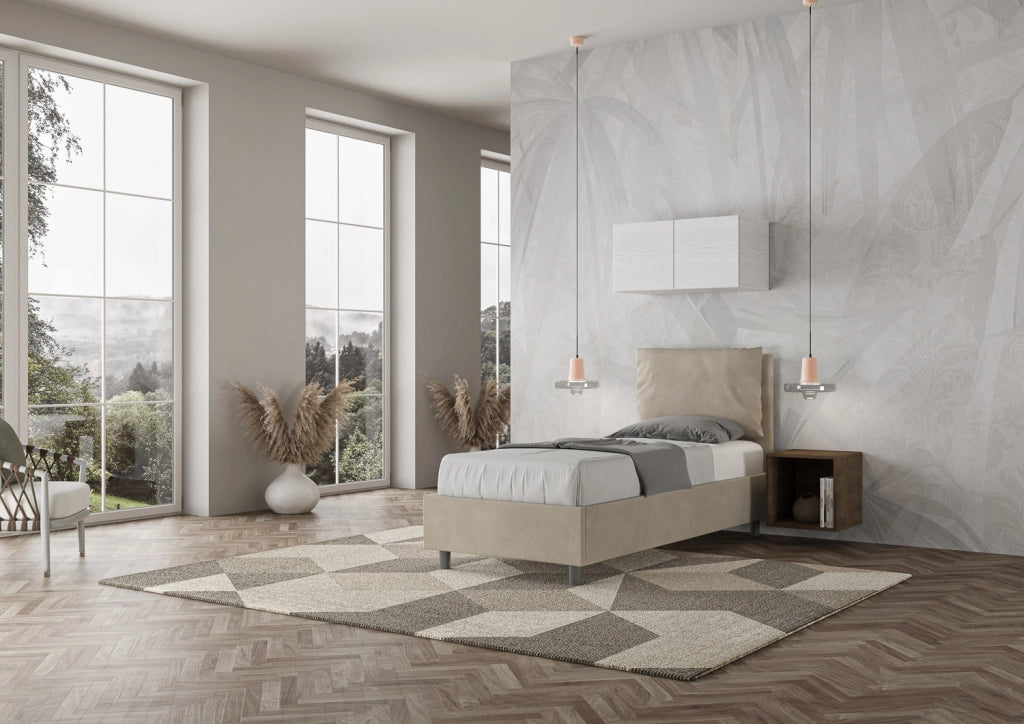 BS COM Letto singolo contenitore imbottito 80x200 microfibra sabbia