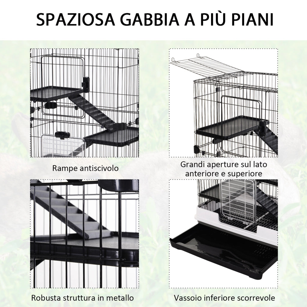 Gabbia a 3 Piani in Metallo con Vassoio per Roditori, Conigli e Furetti con 4 Ruote, 81.2x52.7x114cm, Nera