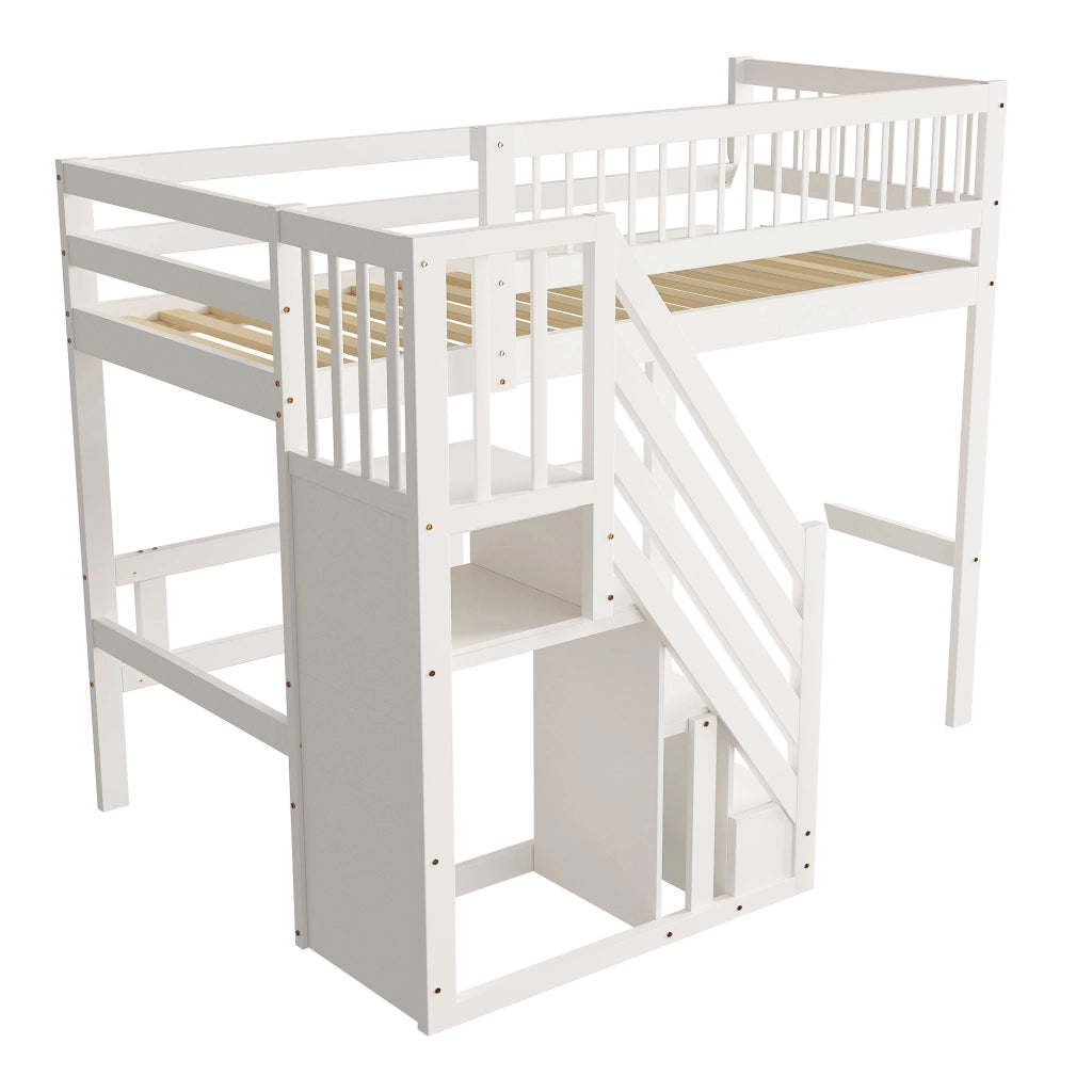 Letto a soppalco in legno massello con scala contenitore e recinzione alta; bianco; 90x200 cm; senza materasso