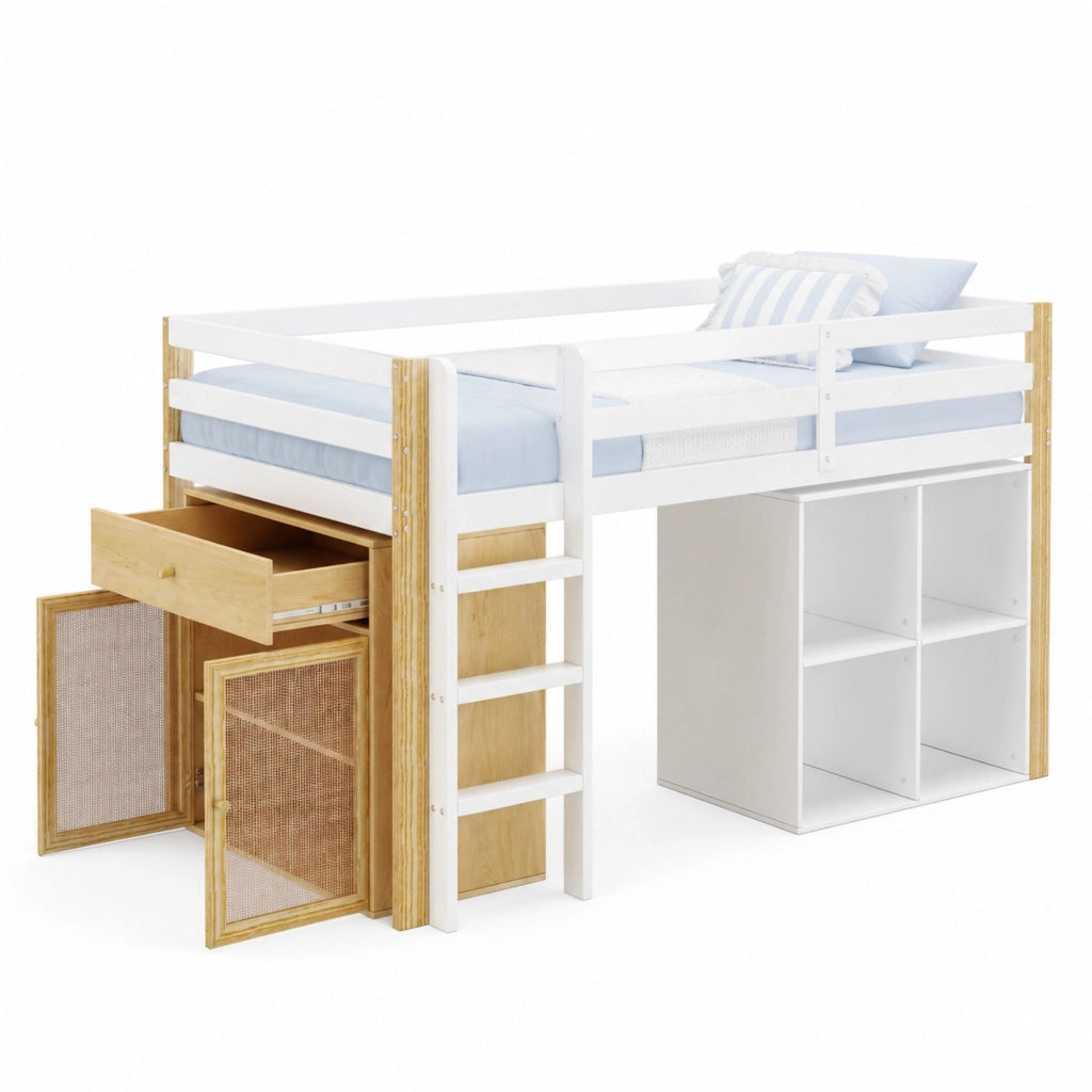 DESMIU Letto a Soppalco Singolo con 2 Armadi Contenitore e Scala, 90 × 200 cm, senza materasso, Naturale e Bianco