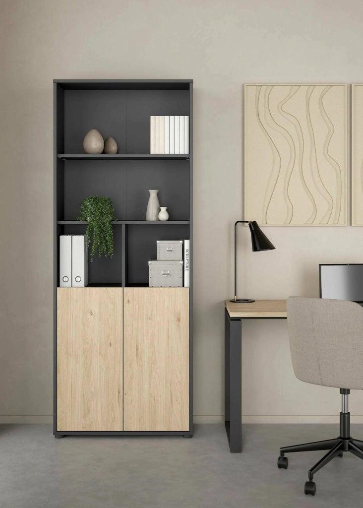 Libreria Arancio, Scaffale da ufficio, Mobile portalibri, Biblioteca, 80x34 h205 cm, Rovere e Grigio