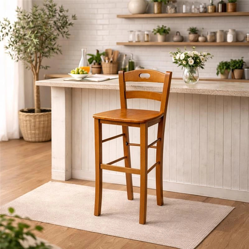 SET 4PZ SGABELLI SNACK CON SEDUTA COMPATTA IN MATERIALE MASSELLO COLORE NOCE  39X38X90CM STILE CLASSICO
