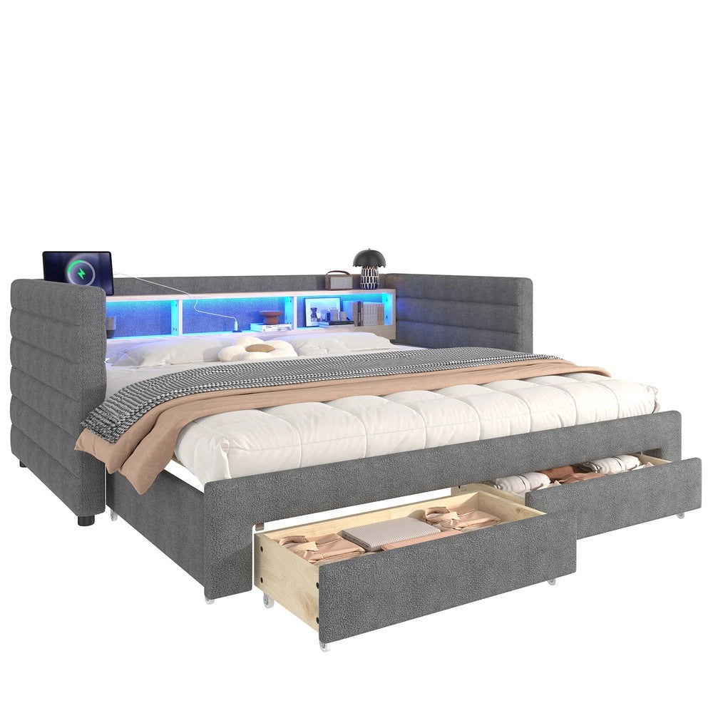Letto Singolo Contenitore con LED ¨C MINIMAL ¨C Velluto Grigio, 90x190, USB, Cassetti