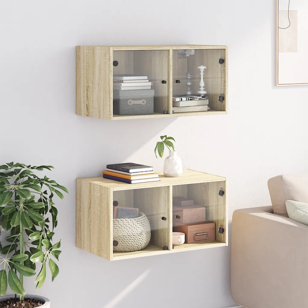 Armadietto a Muro | Mobili a Muro con Ante in Vetro 2 pz Rovere Sonoma 68,5x37x35 cm