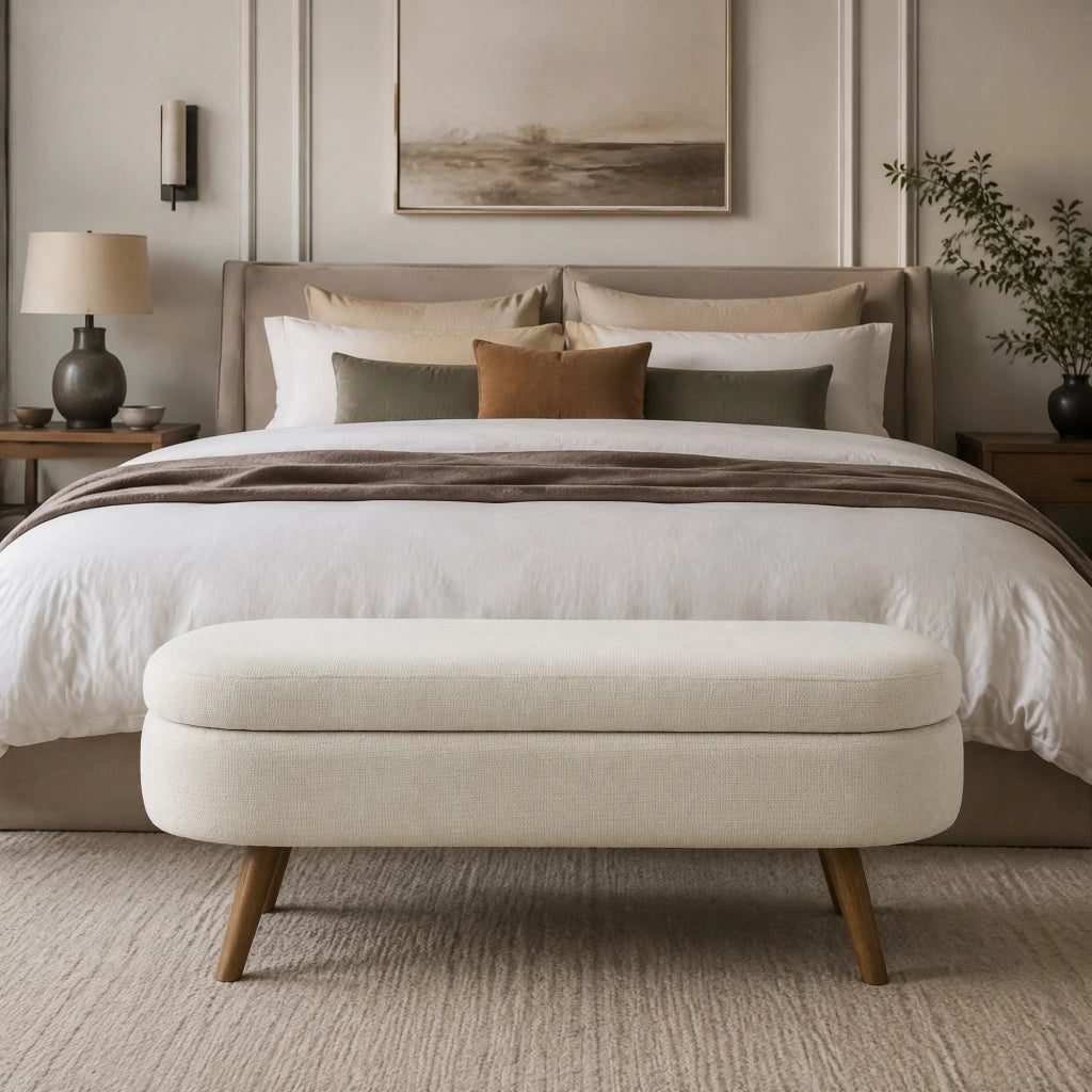 Panca contenitore 110 cm in chenille beige, struttura robusta in MDF, con vano portaoggetti e piedini antiscivolo