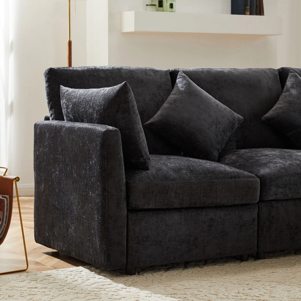 Divano modulare angolare a L con pouf mobile e 4 cuscini in ciniglia, grigio