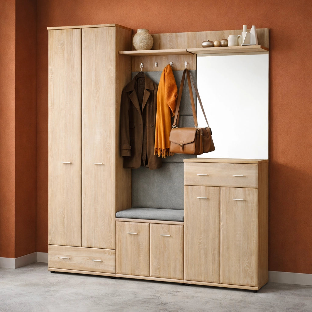 Mobile Ingresso Scarpiera Appendiabiti Imbottito Set Entrata Anta Specchio Vani Guardaroba Ganci Armadio Mobiletto Multifunzione Salvaspazio Corridoio Casa Design Moderno 180 x 32 x 203 Cm Rovere