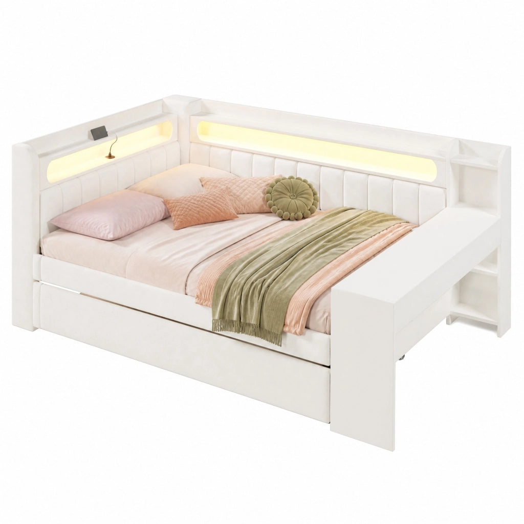 Letto imbottito 140x200 cm con LED, USB, letto estraibile e scrittoio